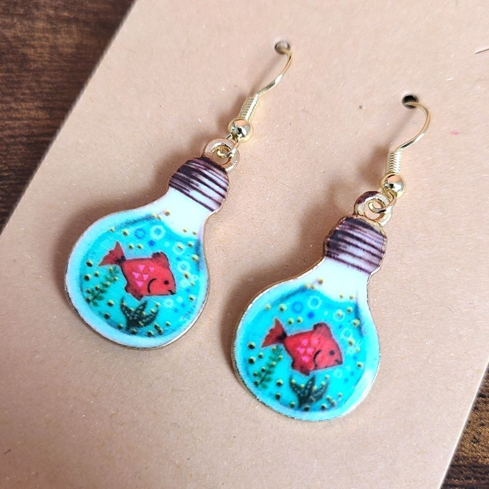 New Hand Crafted Cute Fish in Lightbulb BowlβHook Earrings 14K Gold Plated Hooks